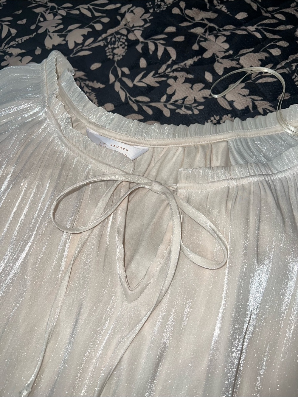 LC Lauren Conrad Shimmery Cream Tie-Neck Pleated Blouse